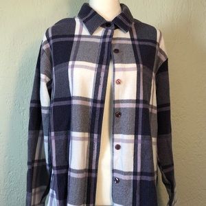Button down long sleeved plaid purple shirt.